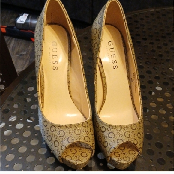 Guess Shoes - Guess Women's Patterned Tan Peep-Toe Heels
